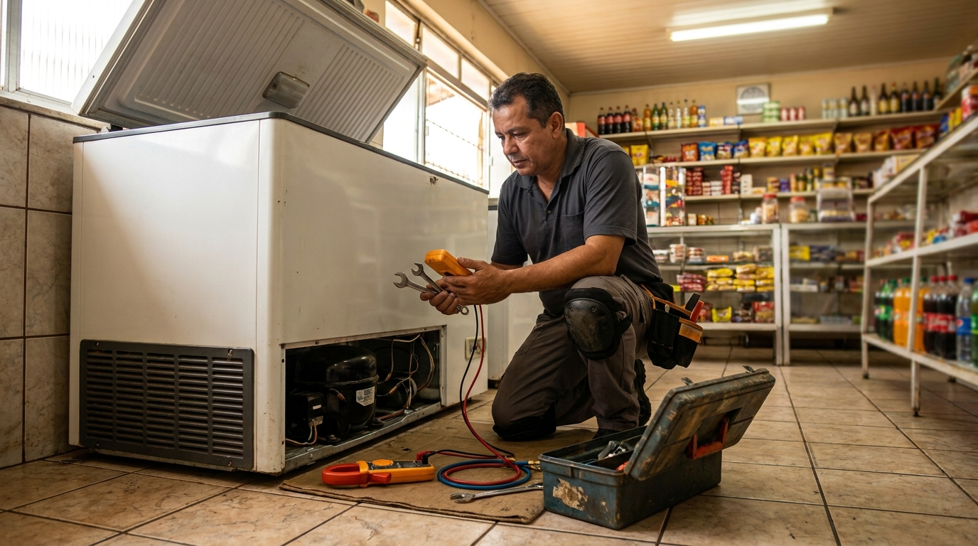 Profissional executando manutenção no motor de freezer em Vitória‑ES