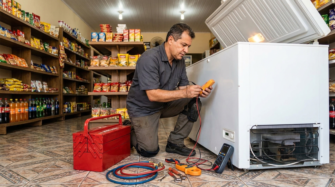 Recarga de gás refrigerante no freezer durante atendimento em Vitória‑ES